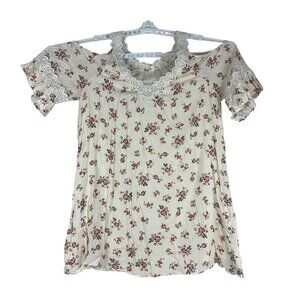En Crème Women's Floral Print Cold Shoulder Blouse Size L White